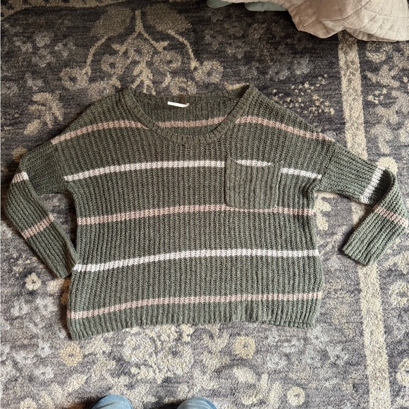 Free People Loose Knit Olive Green Striped Women's Sweater - Picture 2 of 12